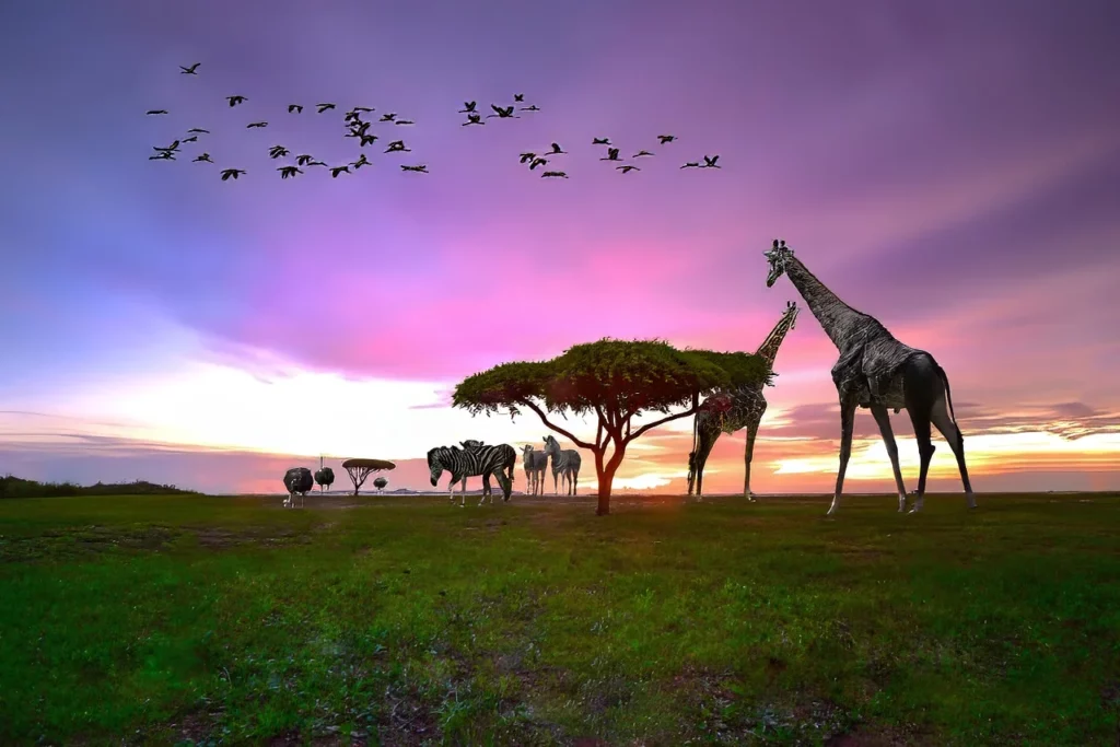 Giraffes, zebras, and other animals graze at sunset in one of Africa's nature parks, one of the highlights in this Africa travel guide.