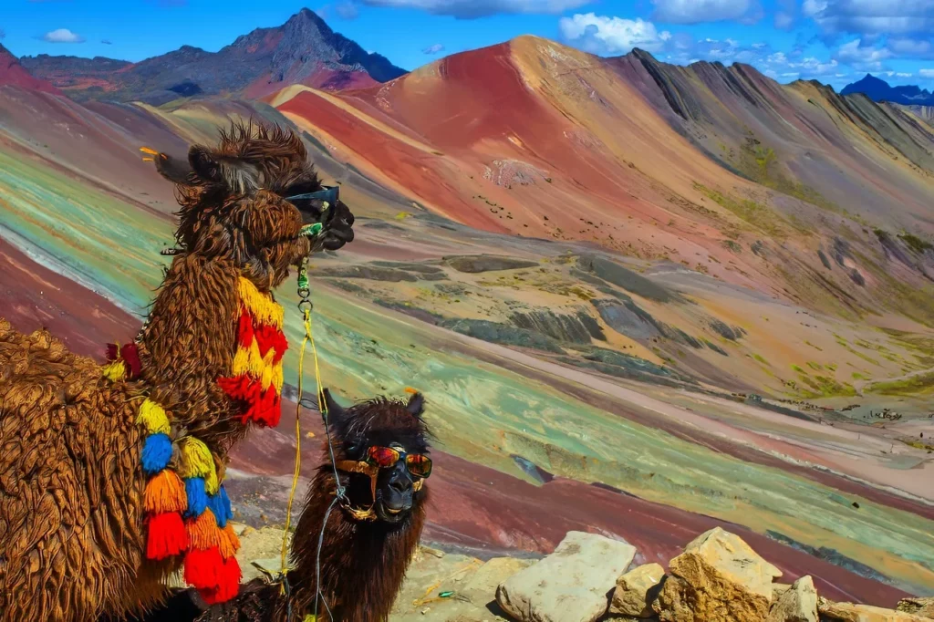 Two alpacas sporting sunglasses and one with colorful neck trimmings stand along a ridge overlooking the Rainbow Mountain, one of the wonders showcased in this Peru travel guide.