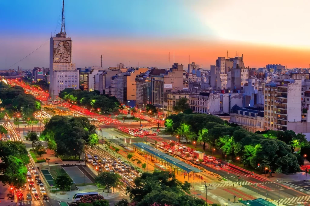 A view of Buenos Aires at twilight -- the vibrant capital highlighted in this travel guide to Argentina.