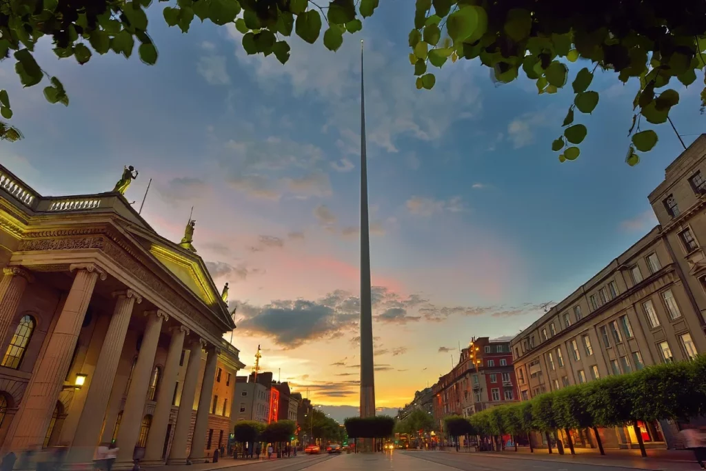 The Spire of Dublin (at center), one of the top attractions in Ireland featured in this travel guide.